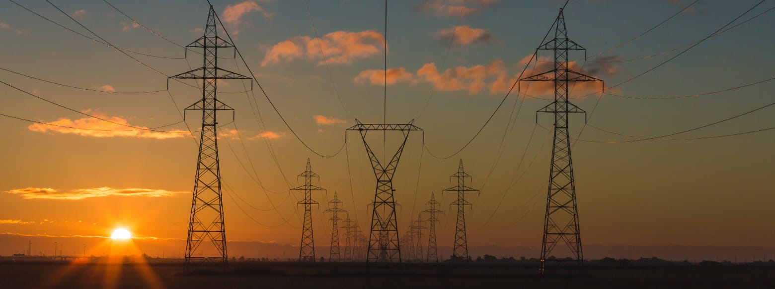 Landscape with pylons in sunset