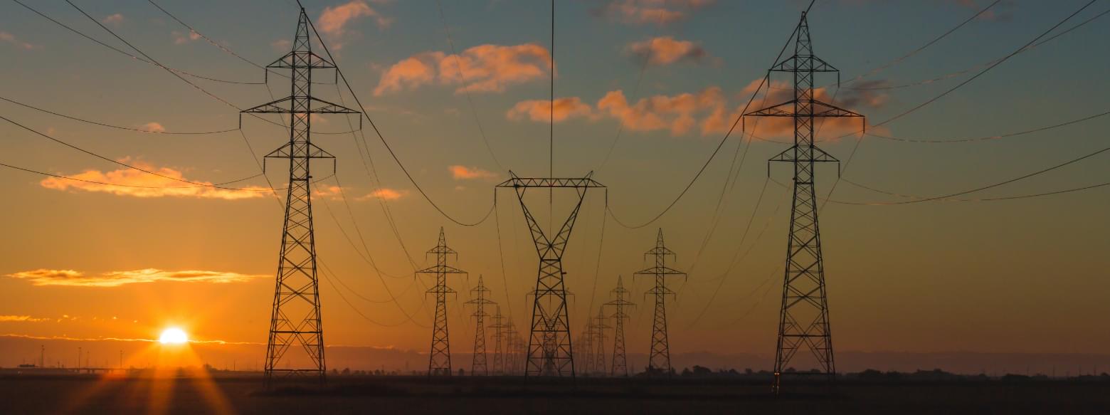 Landscape with pylons in sunset